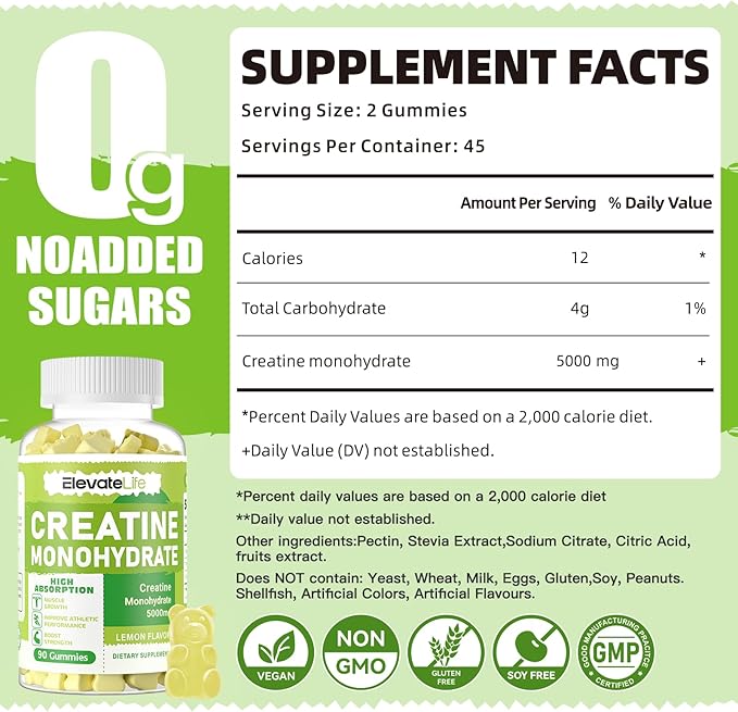 ElevateLife Creatine Monohydrate Gummies 5g for Men Women - Sugar Free Chewable Supplement. 180 Gummies Lemon