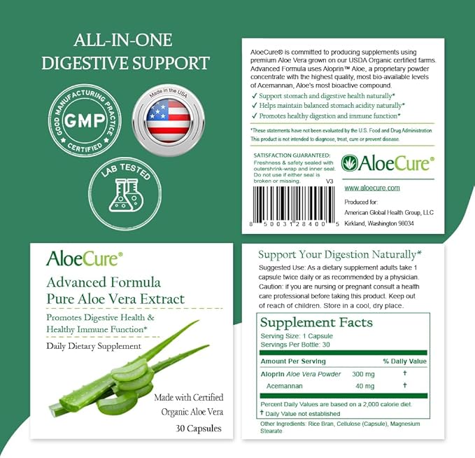 AloeCure Organic Aloe Vera Capsules, 160,000mg Inner Aloe Leaf Equivalent per Serving, Support Gut, Digestive, & Immune Health, Helps Maintain Balanced Stomach Acidity, Aloin Free, 30 Capsules