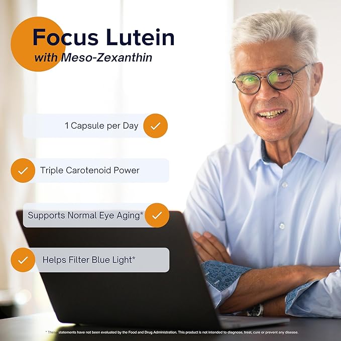 Focus Lutein for Eyes with Meso-Zeaxanthin, Eye Vitamin Supplement, 60 Count, 60 Day Supply, Daily Vision Support for Digital Screens, Bright Lights, Sunlight, Vegan and Sugar-Free, Made in USA