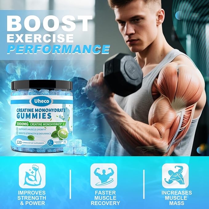 Mint Flavor Creatine Monohydrate Gummies for Men & Women,Contains L-Taurine + Vitamin B12, Betaine, L-Citrulline for Improve Exercise Endurance, Muscle Strength -120 Count