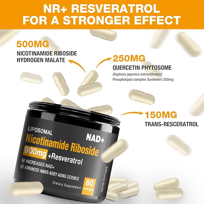 NAD Supplement - NAD+ with Nicotinamide Riboside (NR) and Resveratrol Quercetin 900mg Pure Organic NAD Plus for Cellular Repair Healthy Aging Brain Function (2 Pack)
