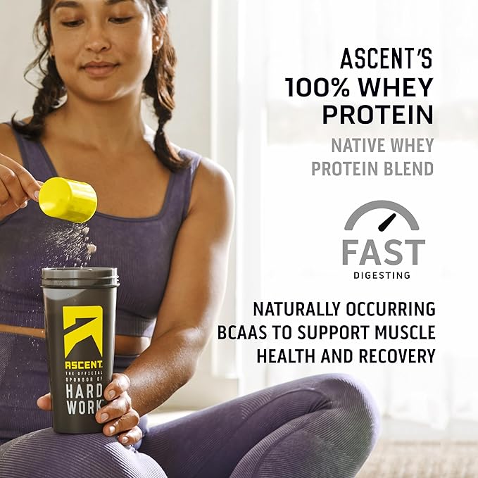 Ascent 100% Whey Protein Powder - Post Workout Whey Protein Isolate, Zero Artificial Flavors & Sweeteners, Gluten Free, 5.5g BCAA, 2.6g Leucine, Unflavored 2 lb
