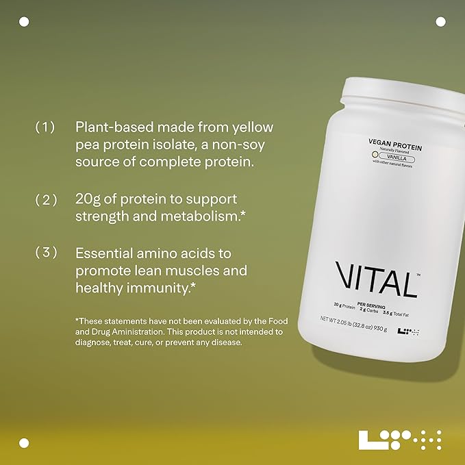 Vital Vegan Protein - Trusted by Life Time Fitness Members - Plant-Based Protein Powder Made from Pea Protein - Supports a Healthy Immune System - Dairy Free & Soy Free - Vanilla, 30 Servings