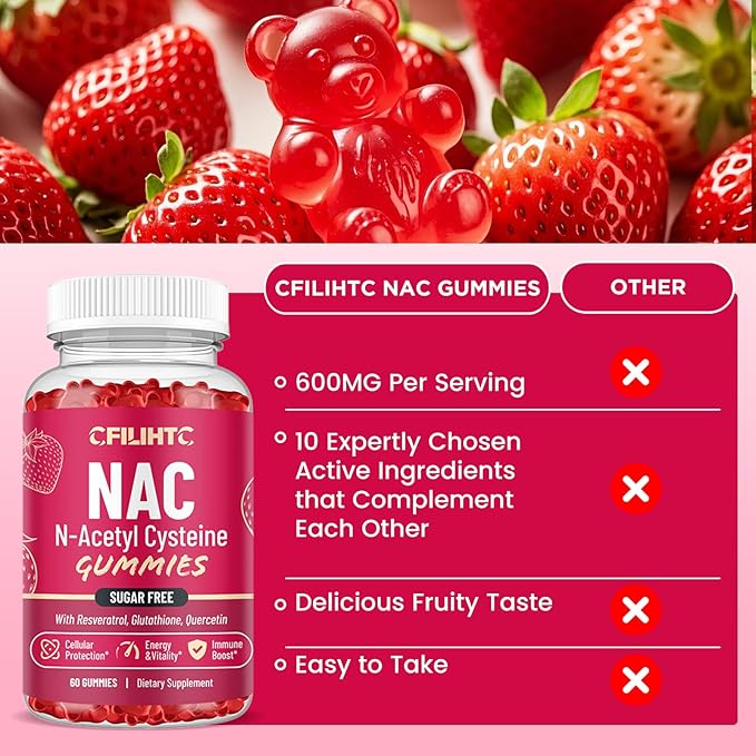 NAC Gummies 600mg, N Acetyl Cysteine Supplement with Glutathione, Resveratrol, Magnesium, CoQ10, NAC Chewable for Antioxidants & Immune Support, Strawberry Flavor 60 Gummies