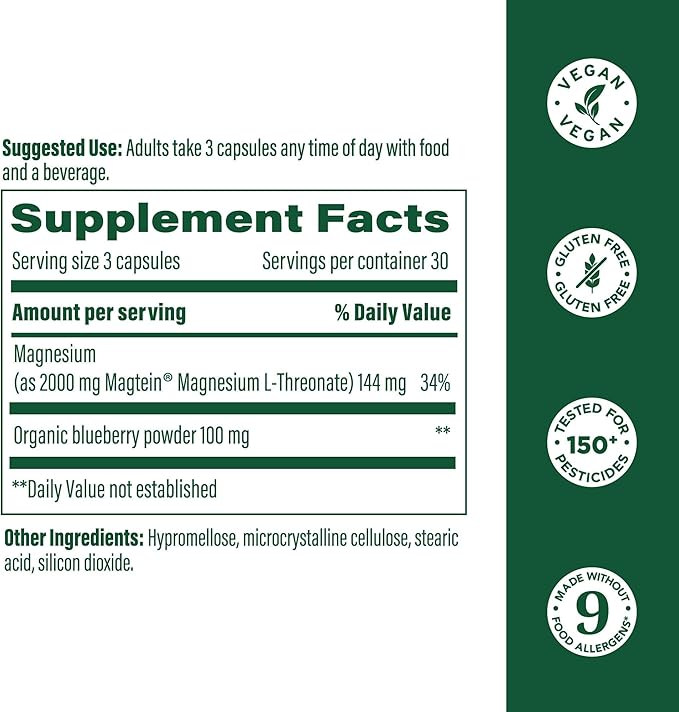 MegaFood Magtein Magnesium L-Threonate - Magnesium Supplement 2000mg Per Serving - Supports Short-Term Memory, Focus, Alertness & Normal Sleep Cycles - Vegan, Gluten Free - 90 Capsules, 30 Servings