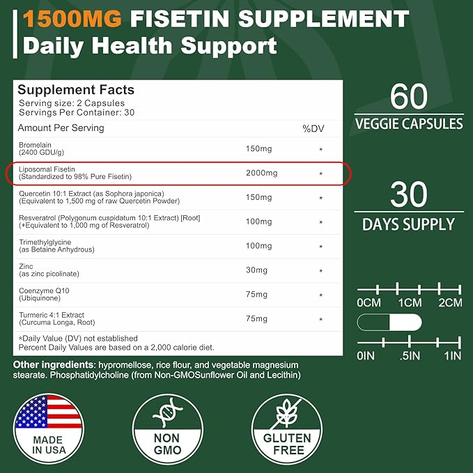Liposomal Fisetin Supplement, 2000MG, 98% Pure Fisetin Polyphenols Antioxidants, with Quercetin, TMG and Resveratrol, for Healthy Aging, Cognitive Support, 60 Capsules