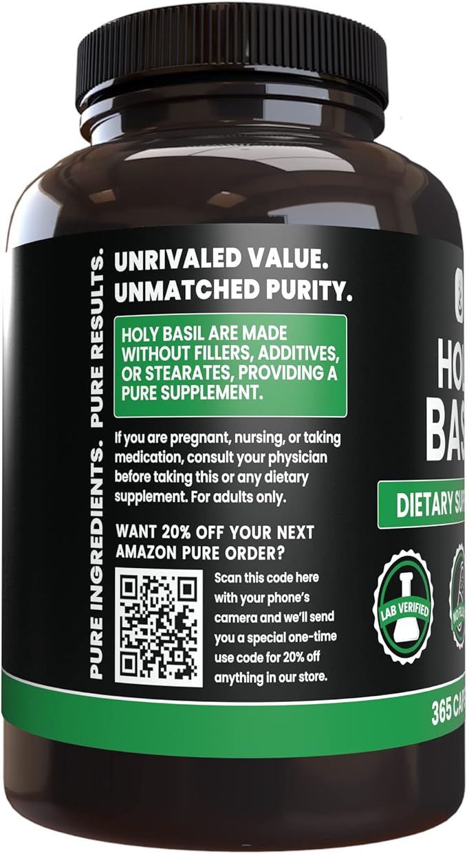 PURE ORIGINAL INGREDIENTS Holy Basil (365 Capsules) No Magnesium Or Rice Fillers, Always Pure, Lab Verified