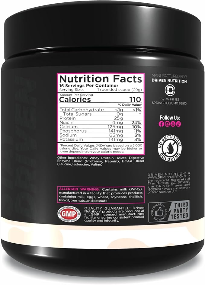 Driven Nutrition ISODRIVE Premium Whey Isolate (1lb, Unflavored)