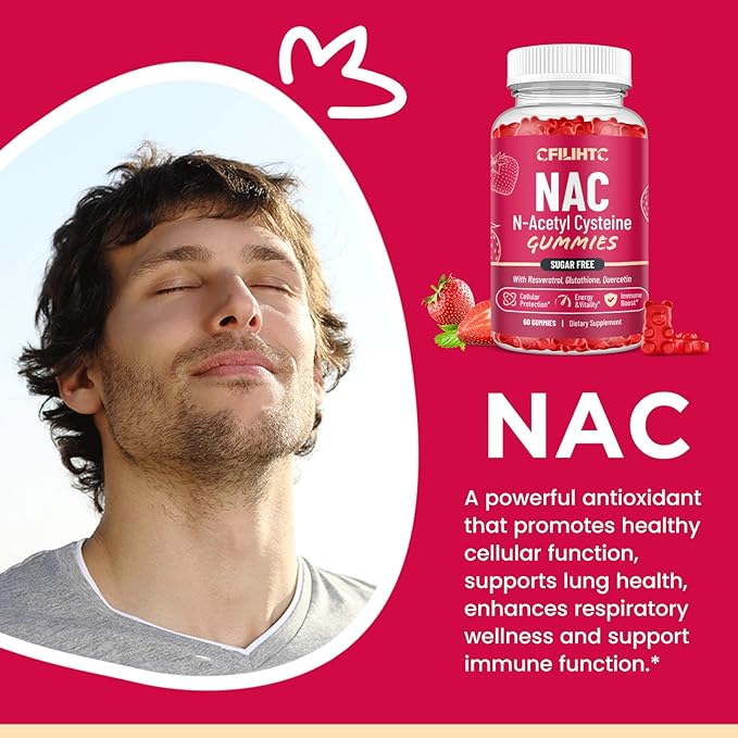 NAC Gummies 600mg, N Acetyl Cysteine Supplement with Glutathione, Resveratrol, Magnesium, CoQ10, NAC Chewable for Antioxidants & Immune Support, Strawberry Flavor 60 Gummies