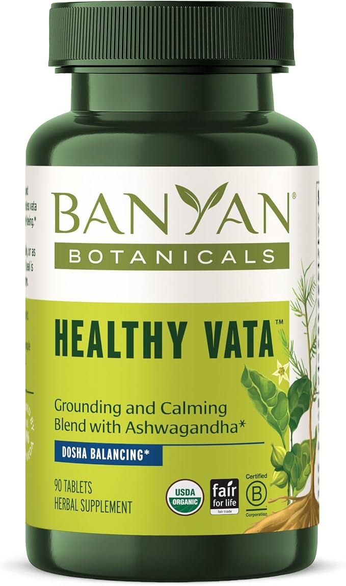 Banyan Botanicals Healthy Vata – Organic Herbal Supplement with Ashwagandha, Shatavari & Other Ayurvedic Herbs for Calm and Balanced Well-Being* – 90 Tablets – Non-GMO Sustainably Sourced Vegan
