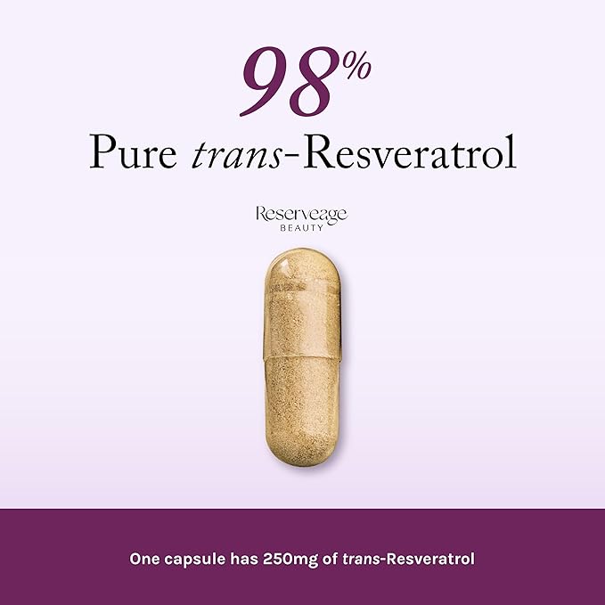 Reserveage Beauty Resveratrol 250 mg - Best Trans-Resveratrol - Vegan Antioxidant Supplement for Cellular & Heart Health - Aids Healthy Aging & Immune Health - 60 Vegetable Capsules