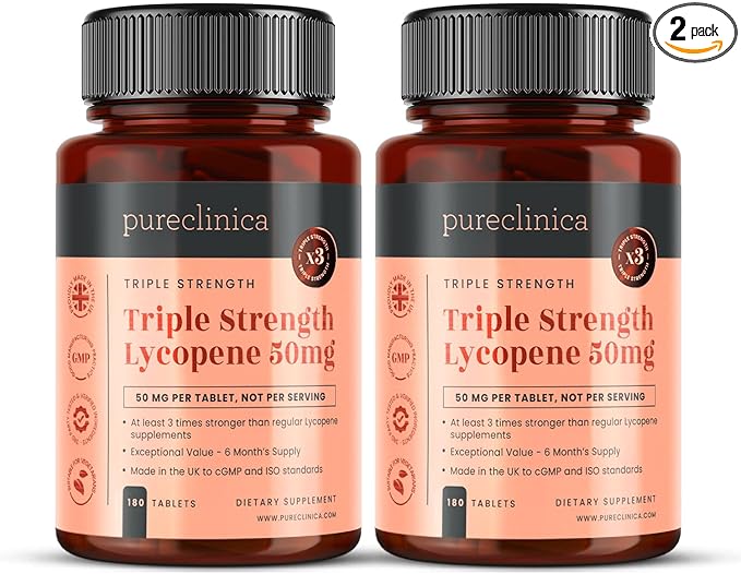 pureclinica 50mg Lycopene x 360 Tablets (2 Bottles of 180 Tablets Each - 12 Months Supply). Triple Strength Lycopene are 3 x Strength of Regular Tablets.
