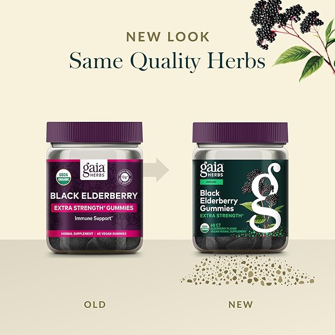 Gaia Herbs Black Elderberry (Sambucus Nigra) Extra Strength Gummies - Delicious Immune Support Supplement - Made with Certified Organic Black Elderberries for Immune System Support - 40 Gummies