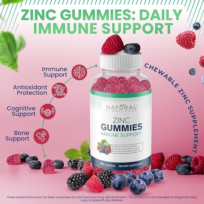 Zinc Gummies 50mg - Immune Support, Skin Health, Antioxidant, Daily Zinc Supplement for Adults, High Potency Immune Defense Gummy, Chewable Zinc Citrate Immunity Gummies, Vegan, Non-GMO, Gluten-Free