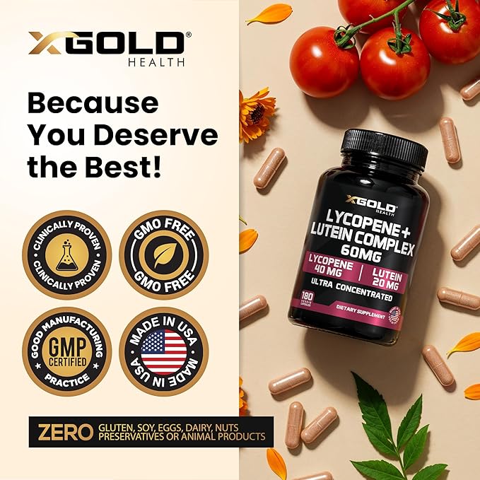 Lycopene + Lutein Supplement 60mg | Lycopene 40mg from Tomato & Lutein 20mg from Marigold Extract - 2-in-1 Ultra-Concentrated Health Supplements | Non-GMO & Gluten Free - 180 Veggie Caps Made in USA