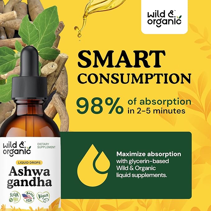 Wild & Organic Ashwagandha Liquid Drops - Calming Ashwagandha Root Extract for Relaxation - 1-Month Supply - Herbal Supplements for Women and Men - Vegan, Sugar & Alcohol-Free Tincture - 2 fl oz
