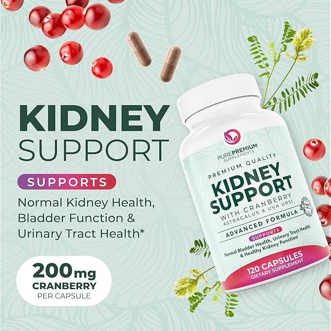 PurePremium Kidney Support Supplement – Kidney Cleanse Detox & Repair with Cranberry Extract & Astragalus - 21-in-1 Complex Supports Normal Bladder, Urinary Tract & Kidneys Health - 120 Day Supply