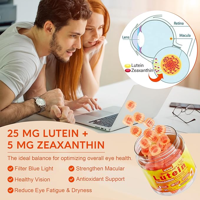 Sugar-Free Lutein Zeaxanthin Supplements Gummies (25mg) Vitamins A, C, E, Bilberry, Astaxanthin - Coconut Oil for Better Absorption - Adults & Teens Vision Health, Eye Strain, Dry Eyes - Vegan, 60Cts