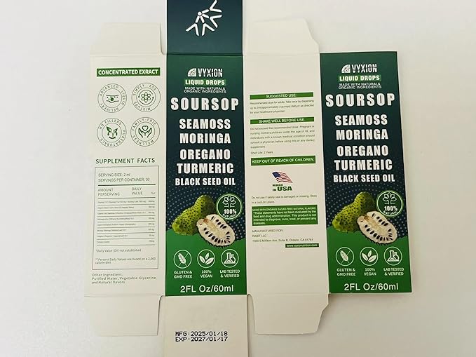 Soursop Bitters Liquid Drops 10 in 1 with Sea Moss, Moringa, Turmeric, Black Seed Oil, Oregano, Ashwagandha | Herbal Extracts for Overall Health-Enhancing | Vegan, Non-GMO | 2 Fl Oz