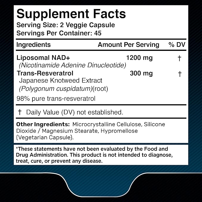 NAD Supplement, 1500mg - USA Made Liposomal NAD+ Supplement with Resveratrol, NAD Plus Boosting - Support Cellular Health, Stamina & Healthy Aging - Ultra Strength Capsules