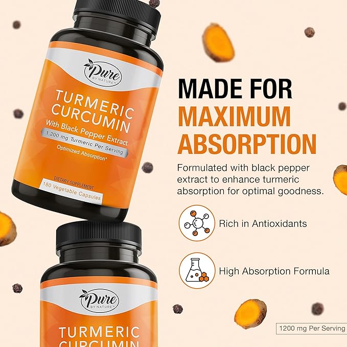 Pure By Nature Turmeric Curcumin with Black Pepper Extract 10 mg Capsules, 1200 mg per Serving, Organic, High Absorption Antioxidant Support (180 Count)