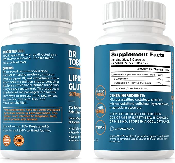 Dr. Tobias Liposomal Glutathione, 500mg Per Serving - Highly Bioavailable Glutathione Supplement, Supports Energy, Skin & Immune Health - Vegan, Gluten-Free, Non-GMO, 60 Capsules, 30 Servings