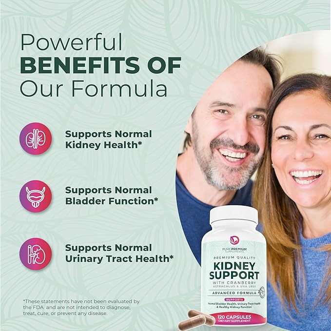 PurePremium Kidney Support Supplement – Kidney Cleanse Detox & Repair with Cranberry Extract & Astragalus - 21-in-1 Complex Supports Normal Bladder, Urinary Tract & Kidneys Health - 120 Day Supply