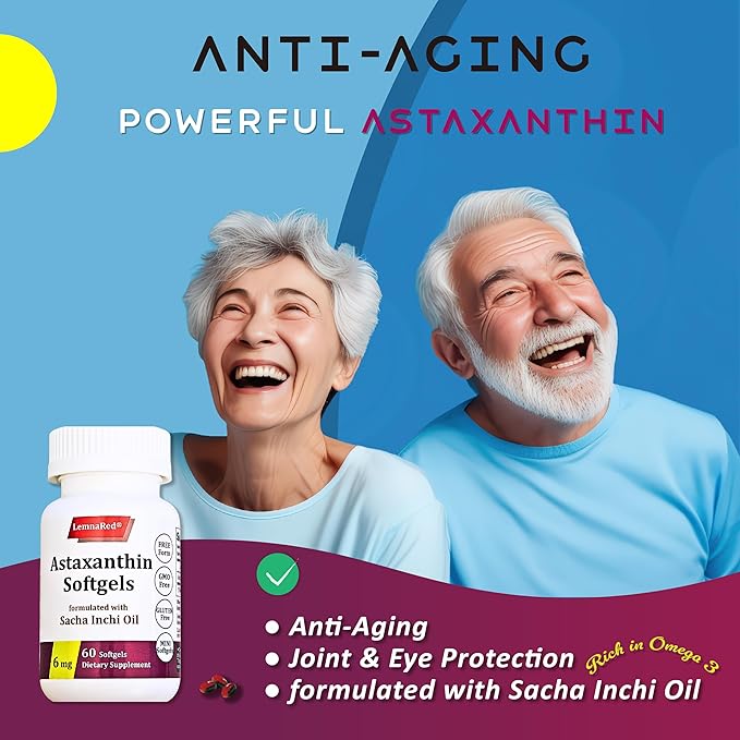 Free-Form Astaxanthin 6mg Softgel-60 Softgels Dietary Supplement Strongest Antioxidant Immune Supports Supports Eye,Joint & Skin Health Formulated with Sacha Inchi Oil