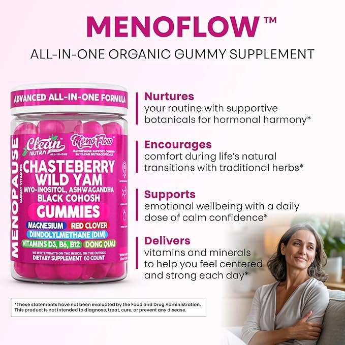 Clean Nutra Chasteberry Wild Yam Menopause Gummies Inositol Black Cohosh Magnesium Red Clover DIM Supplement B6 Magnesium Glycinate Glycine Vitex Hormone Balance for Women Gummy Vitamins 60 Count