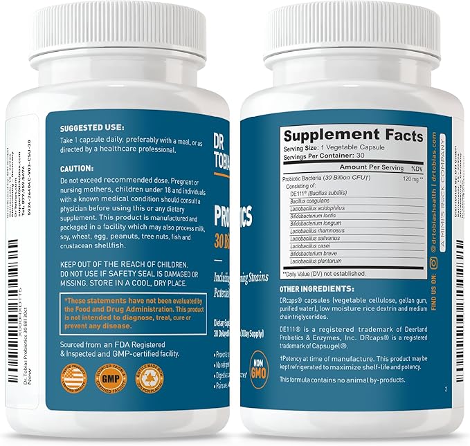 Dr. Tobias Probiotics 30 Billion, 10 Strains, 30 Billion CFU's, Targeted Release Probiotics for Women & Men, Supports Digestive Health, Shelf-Stable, Non-GMO, 30 Capsules, 30 Servings