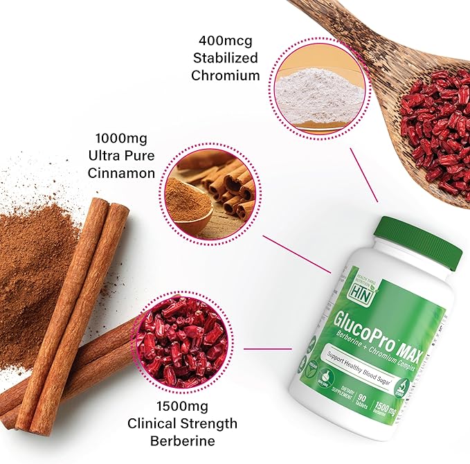 Health Thru Nutrition GlucoPro Max - with 1,500mg Berberine, Chrominex + Chromium, and 1,000mg Cinnamon | Vegan, Non-GMO, Gluten Free | Pack of 180