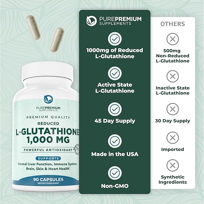 PurePremium Reduced Glutathione 1000mg Per Serving - 500mg Per Capsule – L-Glutathione Supplement & Antioxidant Support for Normal Liver, Brain, Skin & Heart Health – 90 Capsules