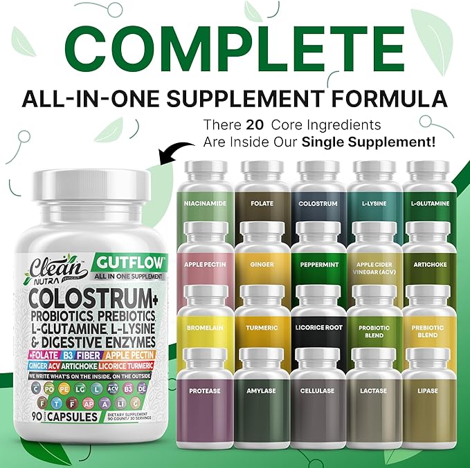 Clean Nutraceuticals Colostrum Supplement Capsules Probiotics Pills Prebiotics, L-Glutamine, Digestive Enzymes, Folate, Fiber, ACV, Turmeric, Apple Pectin and Turmeric Pills