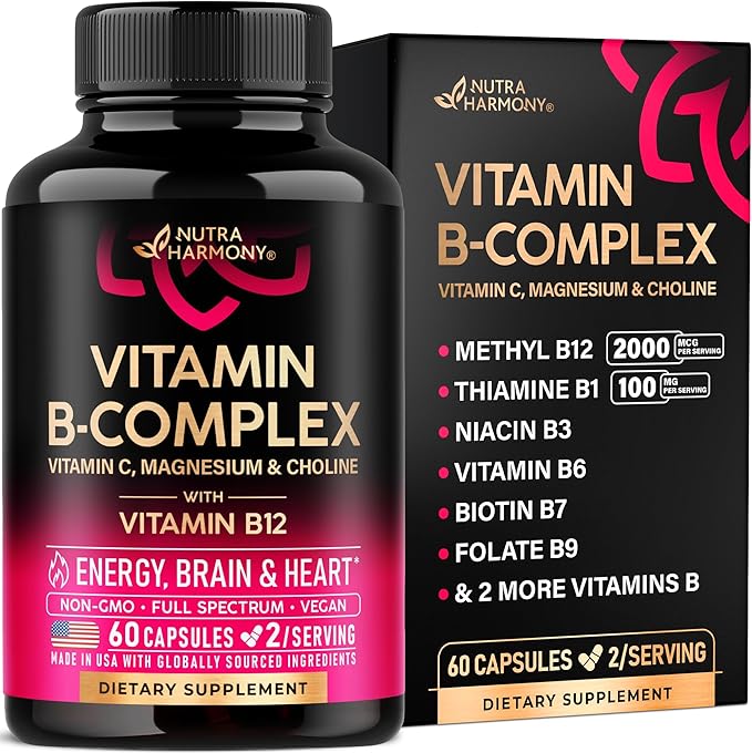 Riboflavin B2 + Vitamin B Complex for Men & Women - B12, B1, B3, B5, B6, B7, B8, B9 | Vitamin C, Choline, Inositol - B-Complex Supplement - Energy, Brain & Heart Support - Made in USA, 60 Vegan Caps