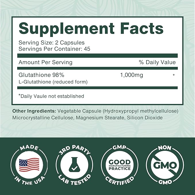 PurePremium Reduced Glutathione 1000mg Per Serving - 500mg Per Capsule – L-Glutathione Supplement & Antioxidant Support for Normal Liver, Brain, Skin & Heart Health – 90 Capsules