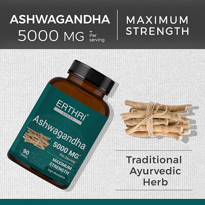 Ashwagandha Tablets 5000mg- 90 Count, Indian Ginseng, Ashwagandha Ayurvedic Supplement, Vegan & Paraben Free, No Preservative, Non-GMO - 90 Tablets (Pack of 1)