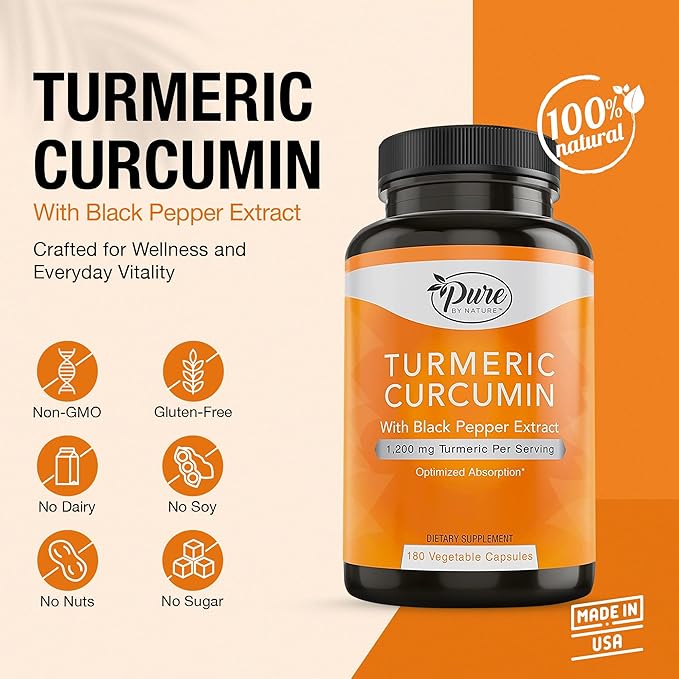Pure By Nature Turmeric Curcumin with Black Pepper Extract 10 mg Capsules, 1200 mg per Serving, Organic, High Absorption Antioxidant Support (180 Count)