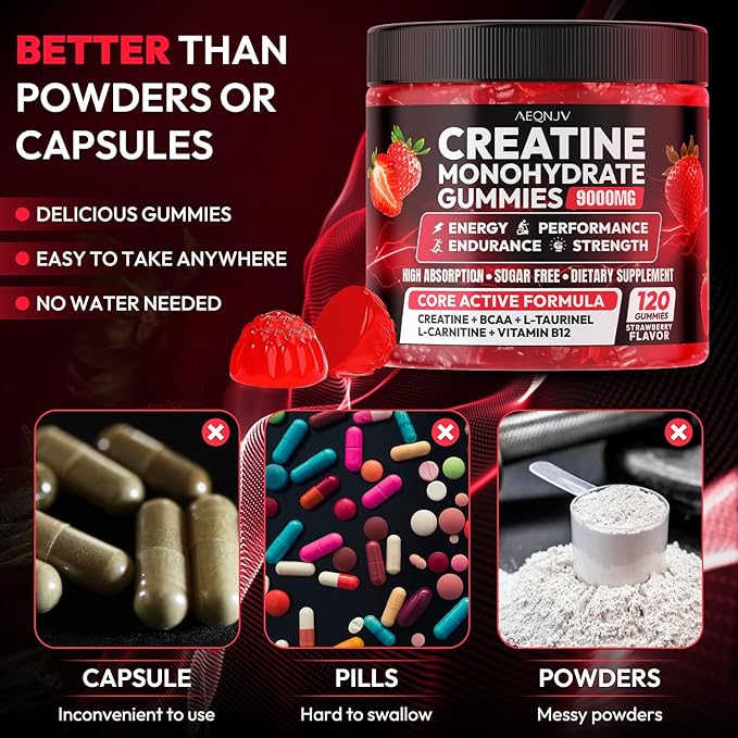Creatine Gummies Monohydrate Complex 9000MG, Chewable Creatine Monohydrate Gummies for Men & Women with L-Taurine, BCAA 2:1, B12/6, Building Muscle Strength and Boost Focus, 30 Days Supply