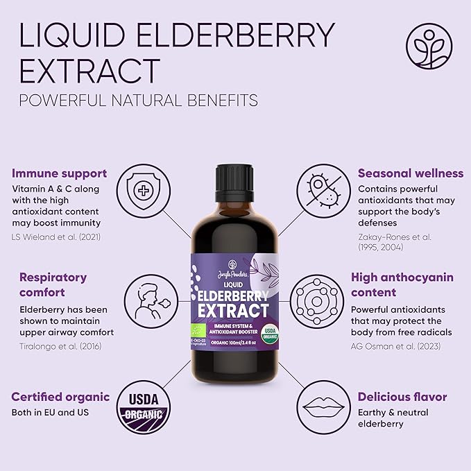 Organic Elderberry Syrup USDA Certified 3.4 fl oz Bottle Liquid Sambucus Elderberry Immune Support Supplement for Kids and Adults Alcohol-Free European Origin Elderberries Extract High Bioavailability