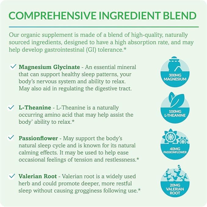 Magnesium Glycinate Complex - L-Theanine, Passionflower & Valerian Root for Sleep Support Supplement, Nerve & Muscle Health, High Absorption - 90 Vegetarian Capsules