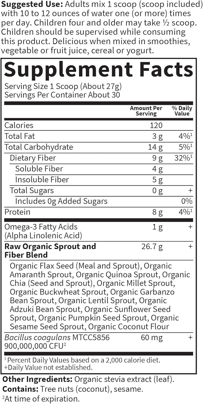 Garden of Life Raw Organic Fiber Powder, 30 Servings, 15 Organic Superfoods, Probiotics, Omega-3 ALA, 4g Soluble Fiber, 5g Insoluble for Regularity, Psyllium Husk Free