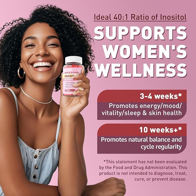 Myo-Inositol & D-Chiro Inositol Gummies Sugar Free, Ideal 40:1 Ratio Inositol Supplement for Women w/Vegan Omega-3, D3, Magnesium, Methyl Folate, B12, Inositol Multivitamin for Women's Overall Health