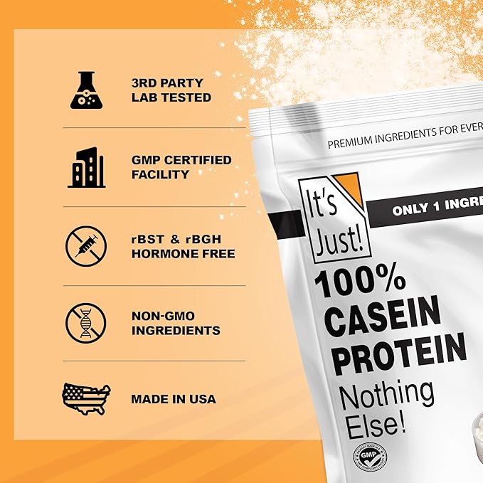 It's Just! - 100% Casein Protein Powder, Made in USA, One Ingredient, Slow Burning, Time Release (1 Pound (Pack of 1), Unflavored)
