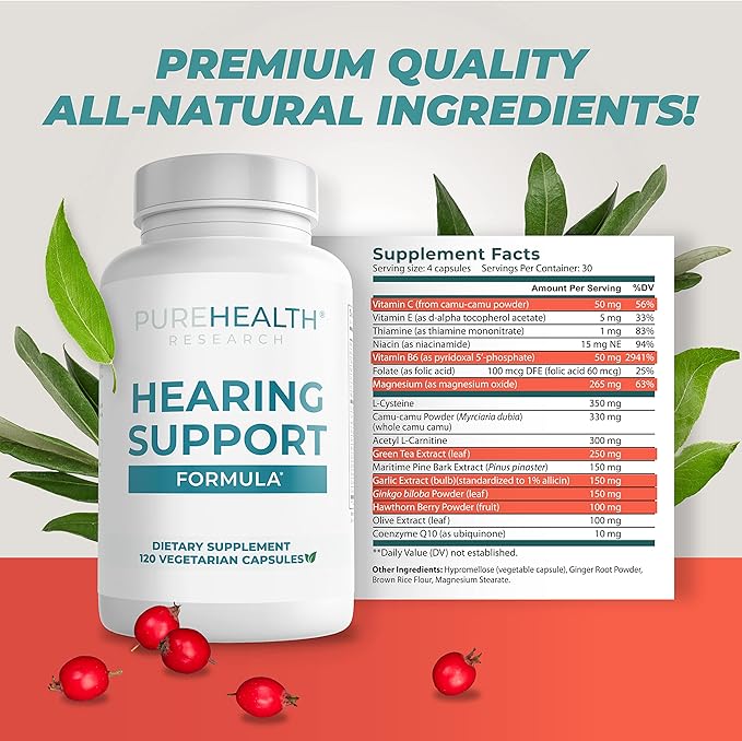 PUREHEALTH RESEARCH Hearing Support Formula - Tinnitus Supplement with Flavonoids & Hearing Vitamins to Help Silence The Noise, Safely and Naturally - Ear Tinnitus Relief for Ringing Ears, 1 Bottle