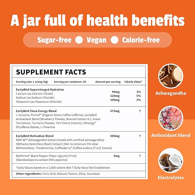 EarlyBird Morning Cocktail Hydration Powder – Blood Orange 45 Servings – Sugar Free Electrolytes Powder with Natural Caffeine & Nootropics – Hydration Booster & Daily Electrolyte Mix