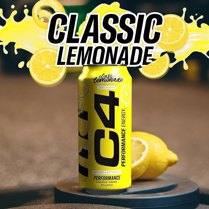 C4 Energy Drink, Lemonade Limited Edition Carbonated, Sugar Free Pre Workout Performance Drink with no Artificial Colors or Dyes, 16oz Pack of 12