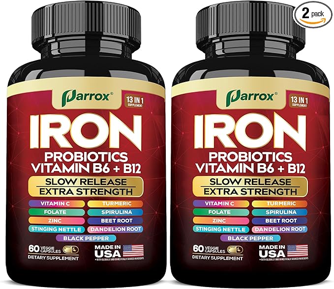 Iron Supplement with Slow Release Iron, Vitamin B6, B12, C, Folate, Zinc, Probiotics, Spirulina, Turmeric, Beetroot, Nettle Leaf, Dandelion Root, Black Pepper, Extra Strength, 60 Vegan Capsules 2-Pack