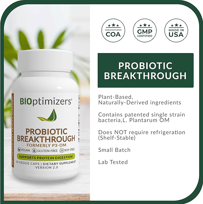 BiOptimizers Probiotic Breakthrough – Lactobacillus Plantarum OM Probiotics & Prebiotics Health Supplement for Gut, Digestive & Immune Support Probiotics for Women Men Elderly– 30 Vegan Capsules