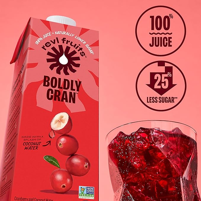 Revl Fruits™ 100% Juice, Boldly Cran™ Cranberry Juice, No Added Sugar, 32 fl oz. Carton (Pack of 6)