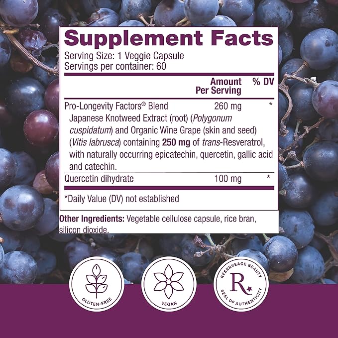 Reserveage Beauty Resveratrol 250 mg - Best Trans-Resveratrol - Vegan Antioxidant Supplement for Cellular & Heart Health - Aids Healthy Aging & Immune Health - 60 Vegetable Capsules